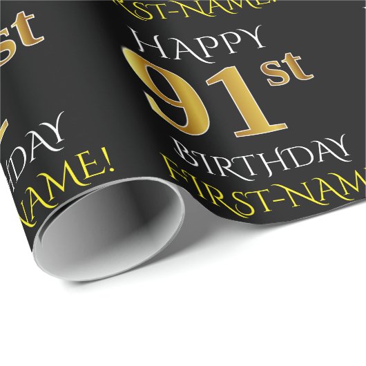 Schwarz, Imitate Gold "HAPPY 91. BIRTHDAY" Geschenkpapier (Rolleneckpunkt)