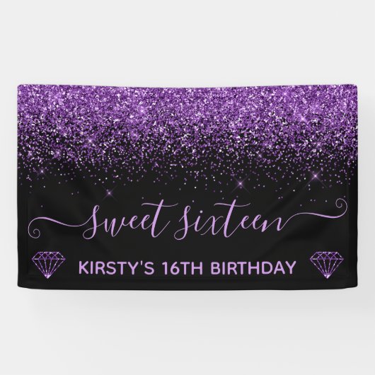 Schwarz & Imitate Lila Glitzer Sweet 16 Banner (Horizontal)