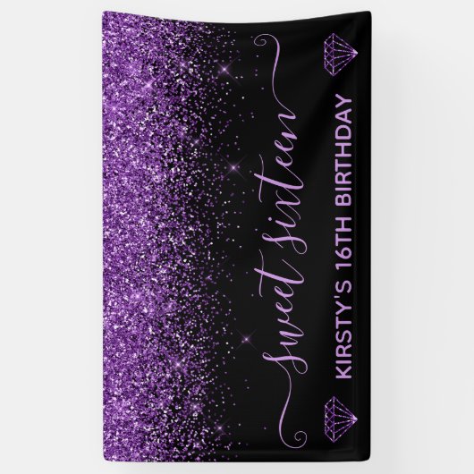 Schwarz & Imitate Lila Glitzer Sweet 16 Banner (Vertikal)