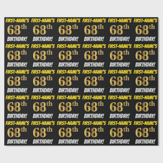 Schwarz, Imitate/Nachahmungs-Gold, "68. BIRTHDAY" Geschenkpapier (Flach)