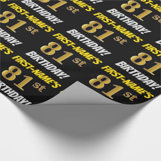 Schwarz, Imitate/Nachahmungs-Gold, "81. BIRTHDAY" Geschenkpapier (Ecke)