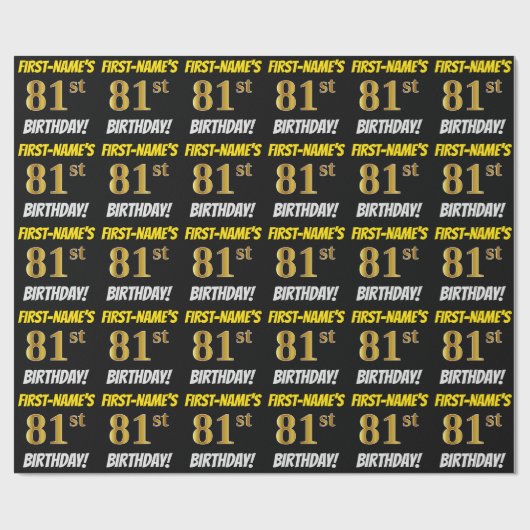Schwarz, Imitate/Nachahmungs-Gold, "81. BIRTHDAY" Geschenkpapier (Flach)