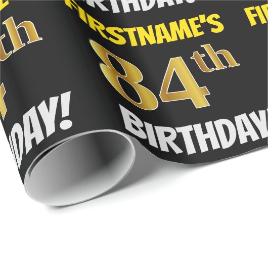 Schwarz, Imitate/Nachahmungs-Gold, "84. BIRTHDAY" Geschenkpapier (Rolleneckpunkt)