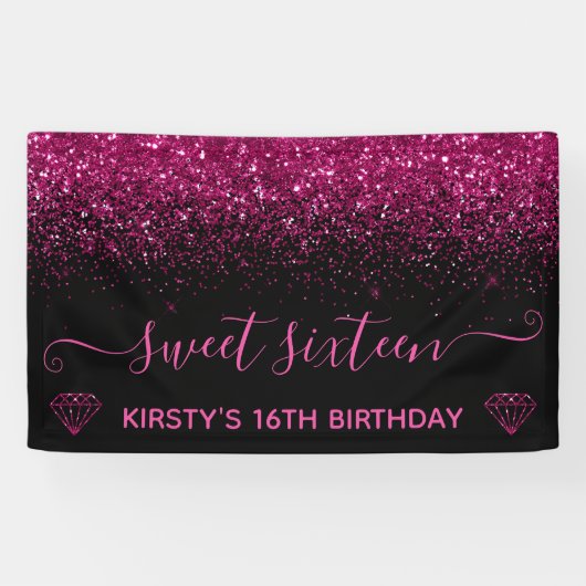 Schwarz & Imitate Rosa Glitzer Sweet 16 Banner (Horizontal)