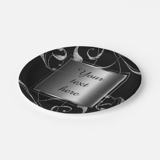 Schwarz & Imitate Silberglasflorensessel elegant Pappteller (Schrägansicht)