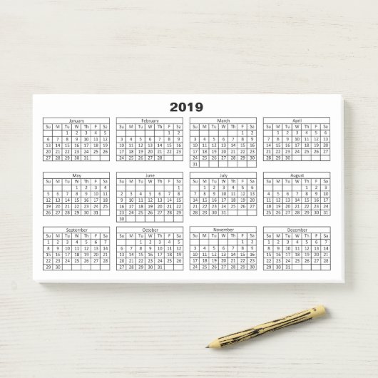Schwarz-Kalender 2019 auf Weiß Post-it Klebezettel (Auf Schreibtisch)