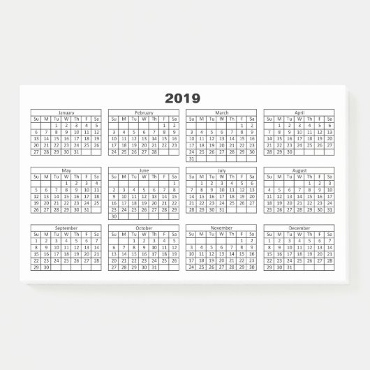 Schwarz-Kalender 2019 auf Weiß Post-it Klebezettel (Vorderseite)