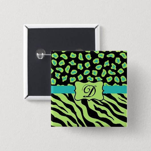Schwarz, Kalkgrün und Türkis Zebra & Geparden Button (Vorne & Hinten)