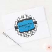 Schwarz-Kariert-Blau-Hochzeitmonogramm Runder Aufkleber (Umschlag)
