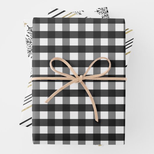 Schwarz, Kariert und weiß, Streifen und Schneefloc Geschenkpapier Set (Beispiel)