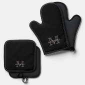 Schwarz Klassisches Monogramm und Name Ofenhandschuh & Topflappen-Set (Vorderseite/Rückseite)