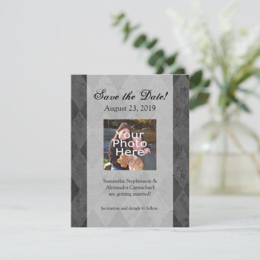 Schwarz-Kohle-Harlequin mit Skript Save The Date (Stehend Vorderseite)