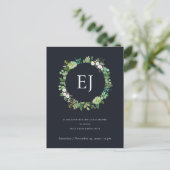 SCHWARZ KRAFT FOLIAGE WREATH MONOGRAM BRUNCH BUBBL EINLADUNGSPOSTKARTE (Stehend Vorderseite)