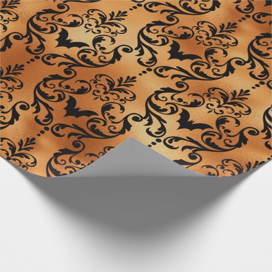 Schwarz-Kupfer-Halloween-Bat Damask Foil-Muster Geschenkpapier (Ecke)