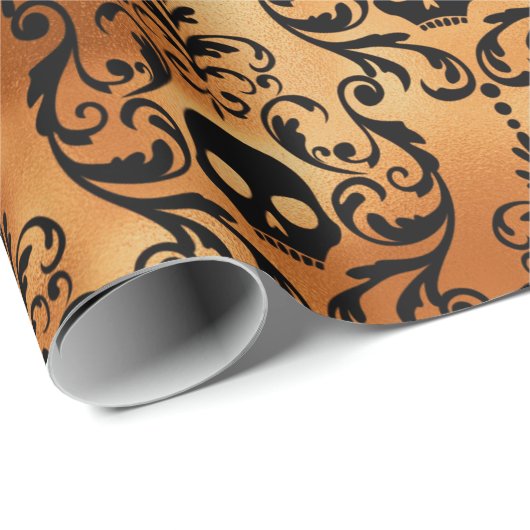 Schwarz-Kupfer-Halloween-Schädel-Damastrommel Geschenkpapier (Rolleneckpunkt)