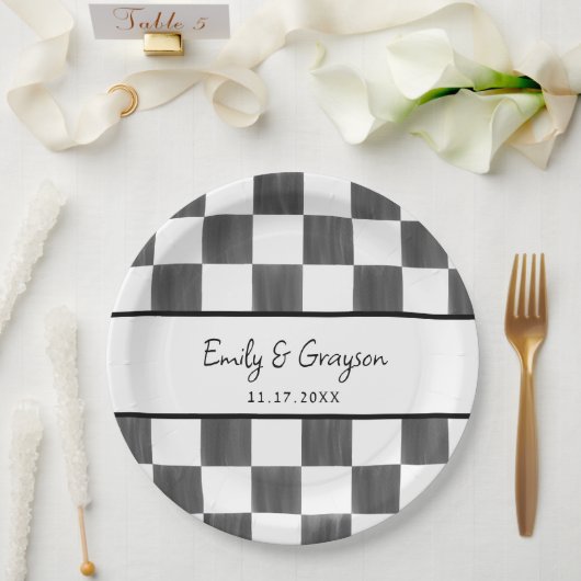 Schwarz lackierte Schachbrettmuster-Hochzeit Pappteller (Hochzeit)