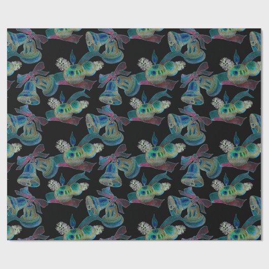 Schwarz Light Neon Glow Xmas Bell und Candle Muste Geschenkpapier (Flach)