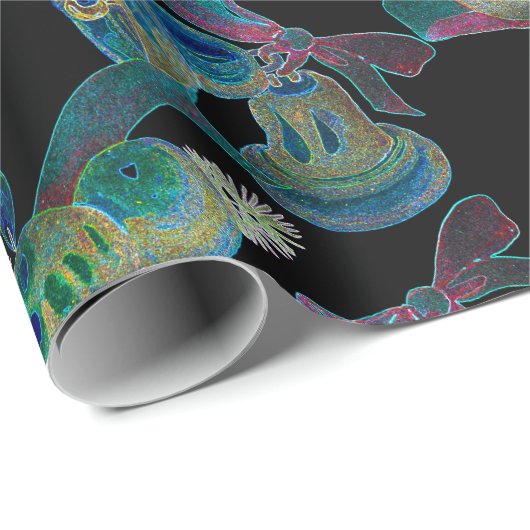 Schwarz Light Neon Glow Xmas Bell und Candle Muste Geschenkpapier (Rolleneckpunkt)