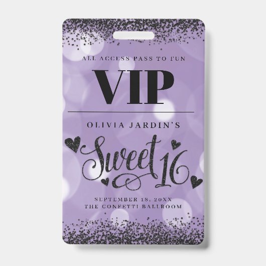 Schwarz & Lila Glam Sweet 16 Ausweis (Front)