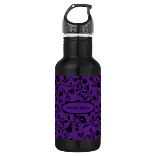 Schwarz Lila Gothic Floral Water Flasche mit Namen Edelstahlflasche (Vorderseite)