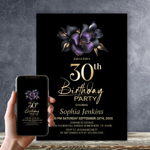 Schwarz Lila Gray Floral 30. Geburtstag Party Einladung