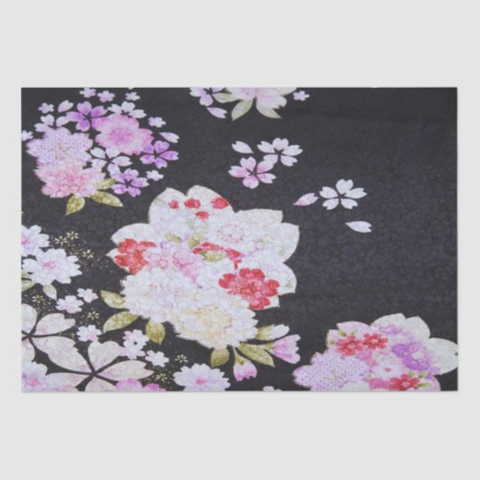 Schwarz Lila Japanisch Kimono Blumendekoupage Seidenpapier (Vorderseite)