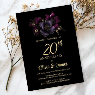 Schwarz Lila Pink Floral 20 Jahre Jubiläum Einladung
