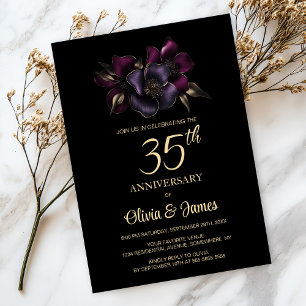 Schwarz Lila Pink Floral 35 Jahre Jubiläum Einladung