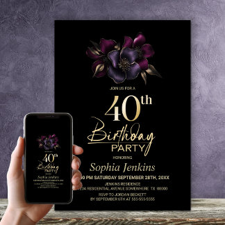 Schwarz Lila Pink Floral 40. Geburtstag Party Einladung