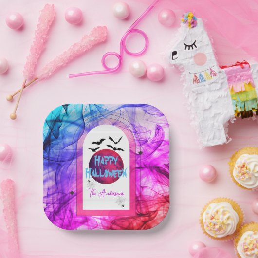 Schwarz Lila Pink Spider Web Bats Glückliches Hall Pappteller (Party)