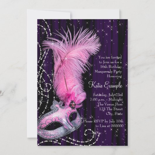 Schwarz Lila Pink Sweet 16 Masquerade Party Einladung (Rückseite)