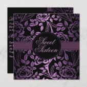 Schwarz/Lila Rose Design Geburtstag Einladung (Vorne/Hinten)