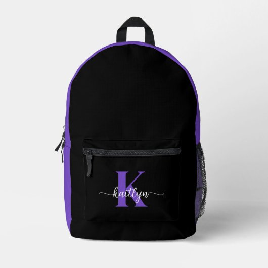 Schwarz-Lila-Script-Monogramm Bedruckter Rucksack (Vorderseite)