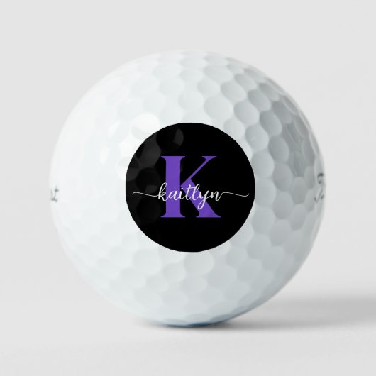 Schwarz-Lila-Script-Monogramm Golfball (Vorderseite)