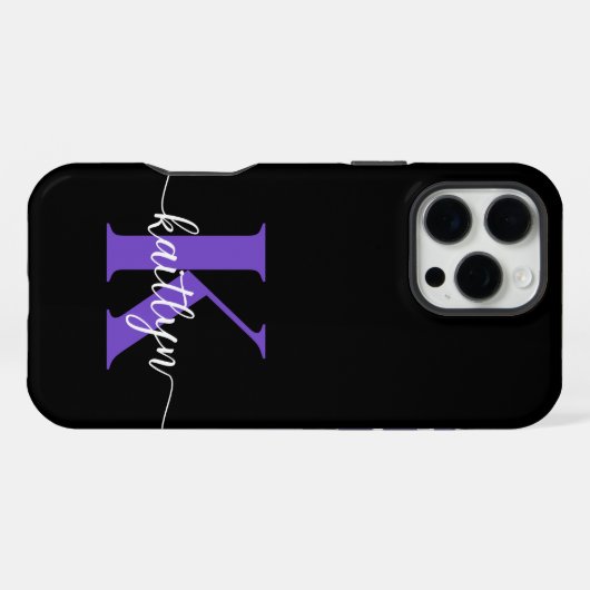 Schwarz-Lila-Script-Monogramm iPhone Hülle (Rückseite (Horizontal))