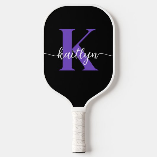 Schwarz-Lila-Script-Monogramm Pickleball Schläger (Vorderseite)