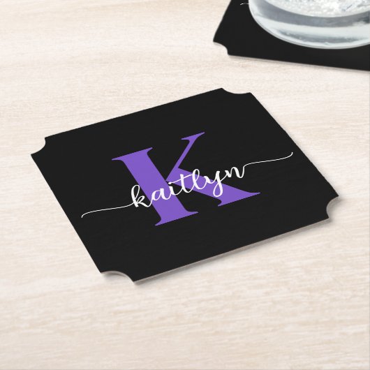 Schwarz-Lila-Script-Monogramm Untersetzer (angewinkelt)