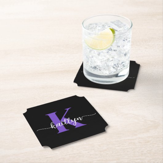 Schwarz-Lila-Script-Monogramm Untersetzer (Vor Ort)