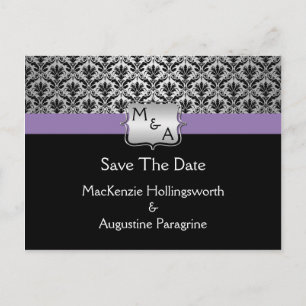 Schwarz-Lila-Silber-Monogramm-Damast Save the Date Ankündigungspostkarte