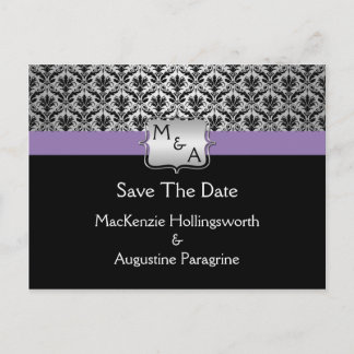 Schwarz-Lila-Silber-Monogramm-Damast Save the Date Ankündigungspostkarte
