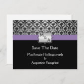 Schwarz-Lila-Silber-Monogramm-Damast Save the Date Ankündigungspostkarte (Vorne/Hinten)