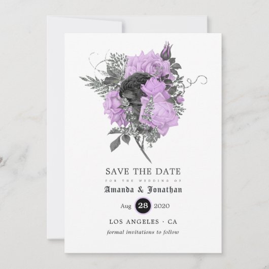 Schwarz-Lila und silberfarbene Hochzeit Save The Date (Vorderseite)