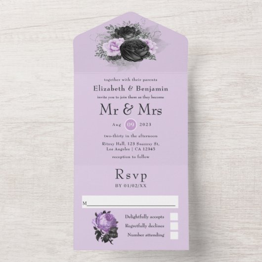 Schwarz Lila und silberne florale gotische Hochzei All In One Einladung (Innen Boden)