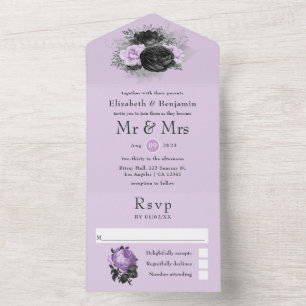 Schwarz Lila und silberne florale gotische Hochzei All In One Einladung