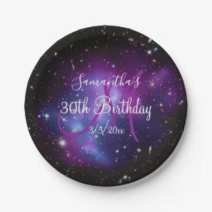 Schwarz Lila und Weiß Galaxy Celestial Geburtstag Pappteller