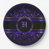 Schwarz & Lila Verziert Gothic Mit Monogramm Pappteller (Vorderseite)