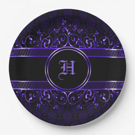 Schwarz & Lila Verziert Gothic Mit Monogramm Pappteller (Vorderseite)