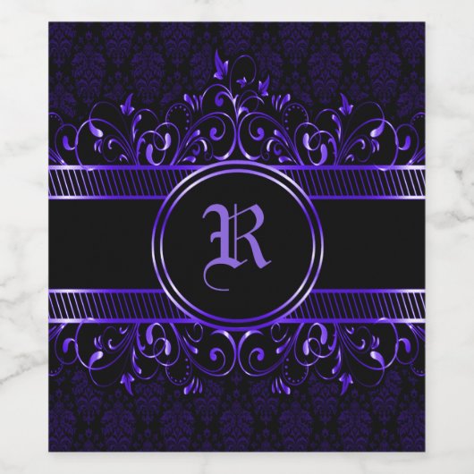 Schwarz & Lila Verziert Gothic Mit Monogramm Weinetikett (Einzelnes Label)