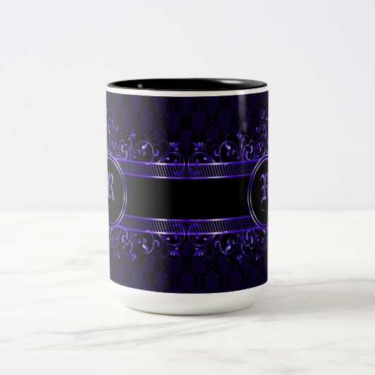 Schwarz & Lila Verziert Gothic Mit Monogramm Zweifarbige Tasse (Mittel)