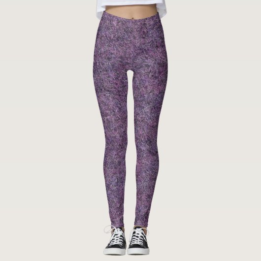 Schwarz Lila weiße Imitate Shag Texture Leggings (Vorderseite)